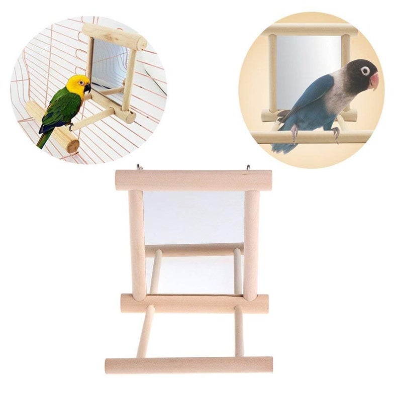 Litewoo Bird Mirror Wooden Hanging Swing Interactive Play Toys for Small Parrot Budgies Macaw African Grey Parakeet Cockatiel Conure Lovebird Cage Accessories (Bird Mirror Perch Stand-2 PCS) - Image 3